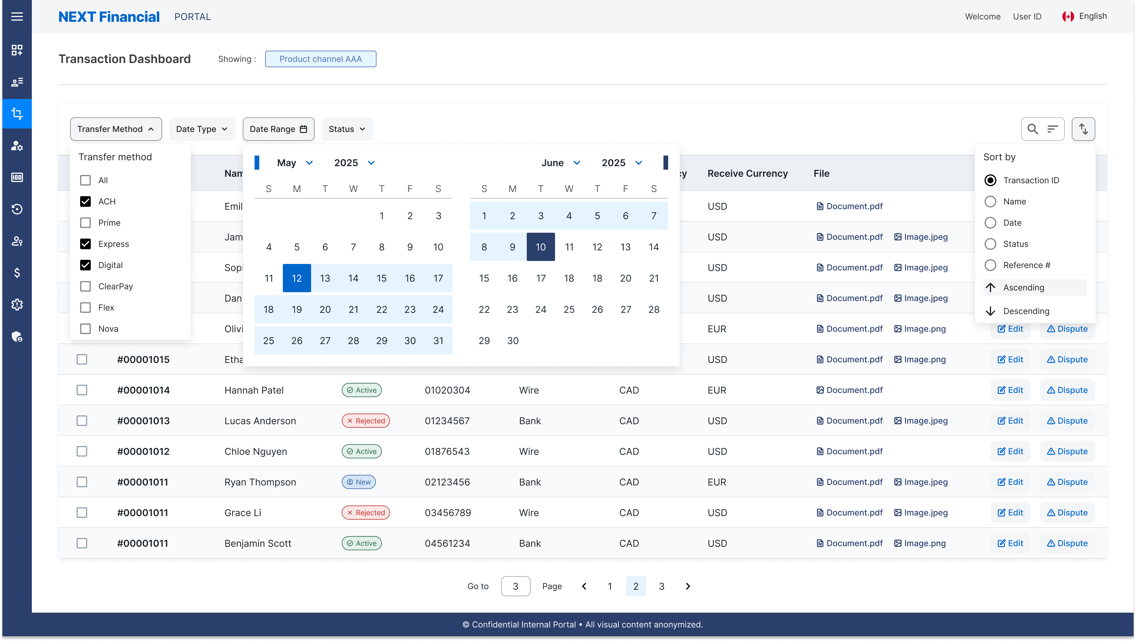 Transaction Dashboard — Filter Dropdown