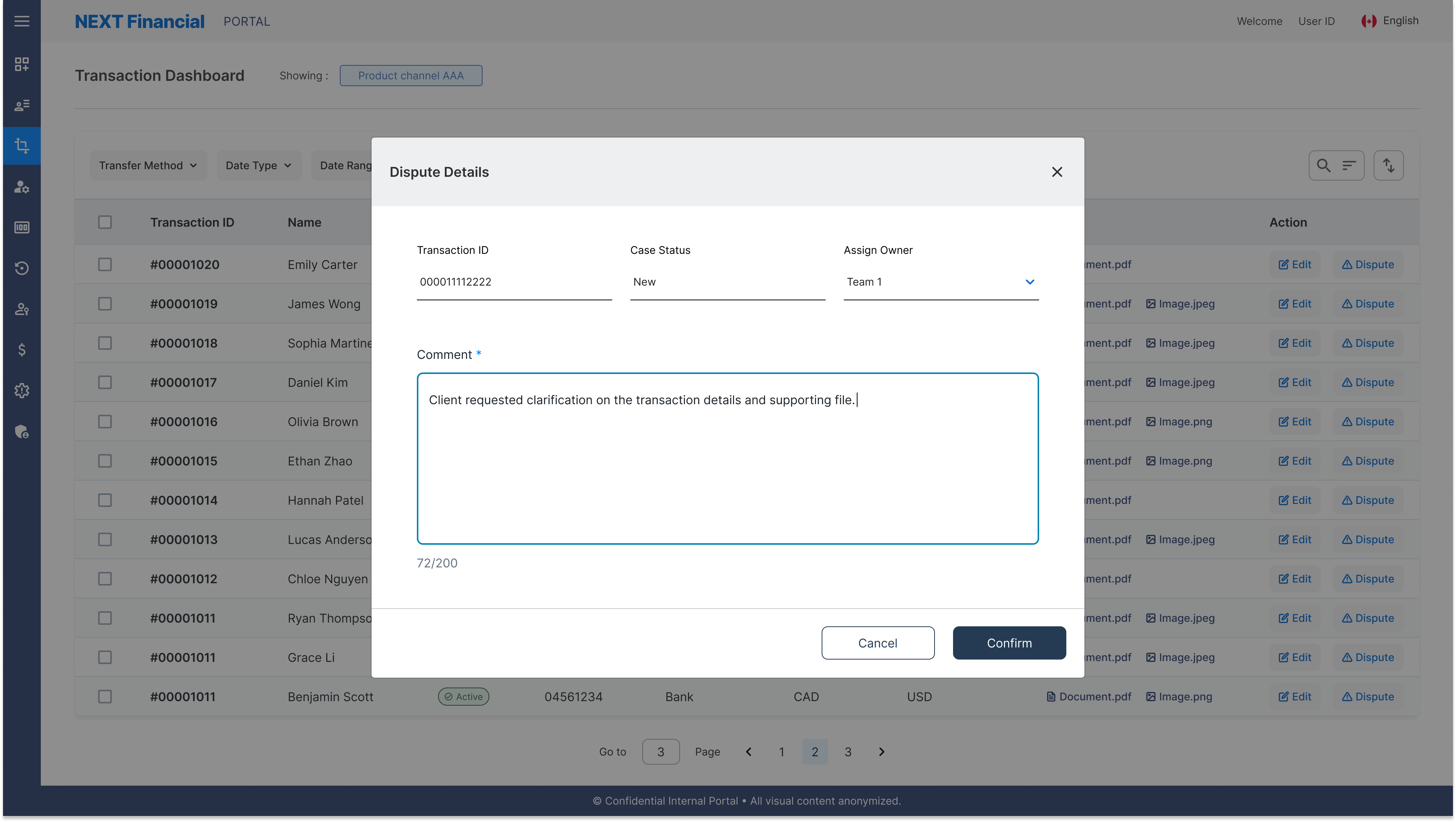 Transaction Dashboard — Dispute Modal