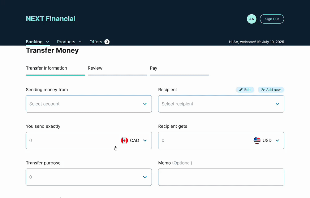 Transfer Information Inputs